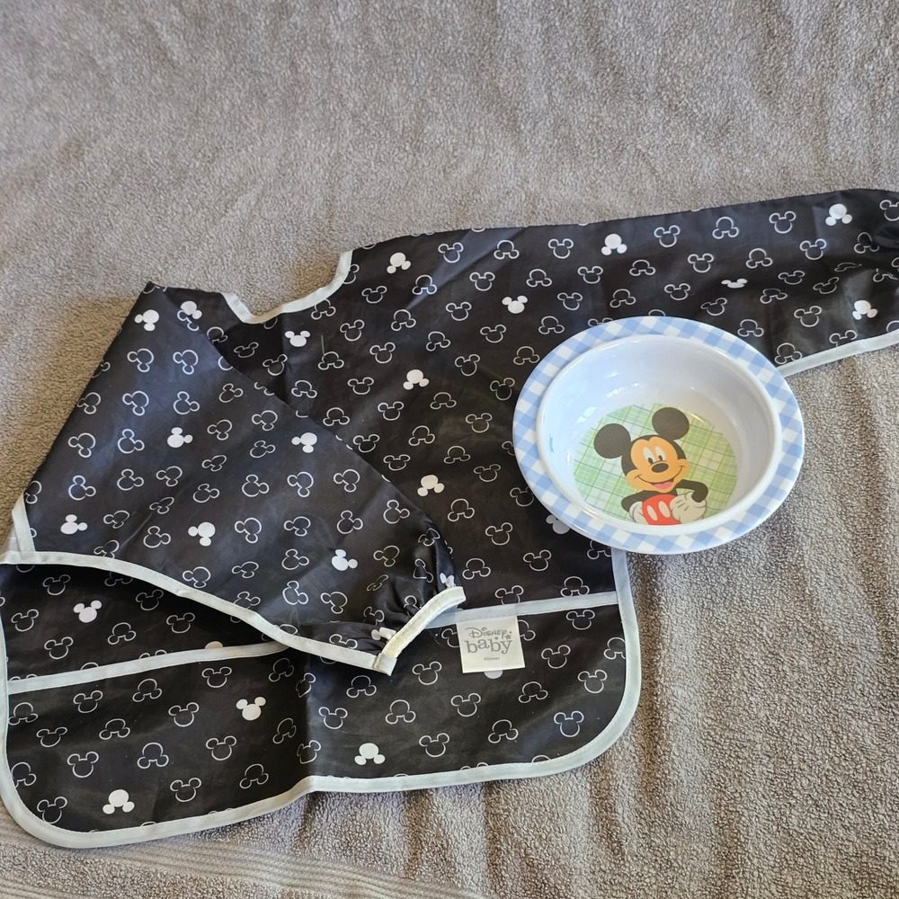 Disney Baby Mickey Mouse Bib Set Kids OS Long Sleeve Smock Melamine Toddler